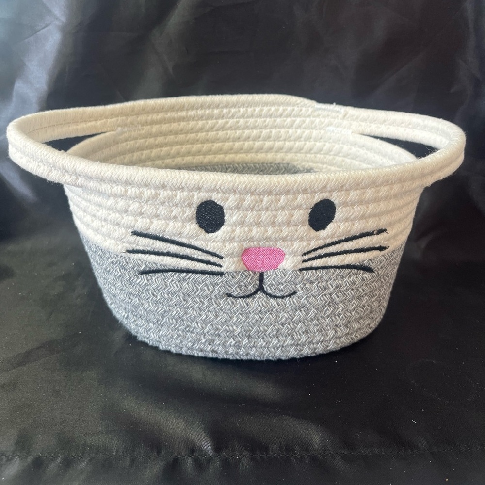 Cute Bunny Ivory & Grey Woven Basket With Handles
